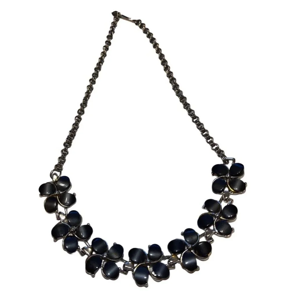 Silver Black Charcoal Gray Stone Beads Floral Flower Choker Necklace